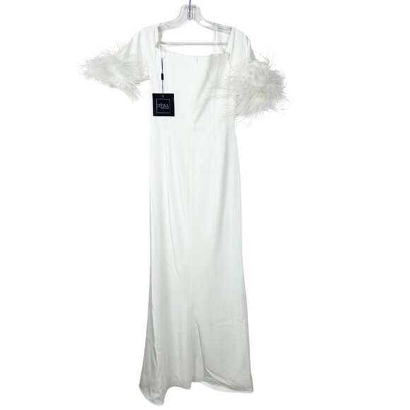 NWT Mac Duggal Feather Trim Off The Shoulder Column Gown White 6 #9585 #9593 - Picture 6 of 9